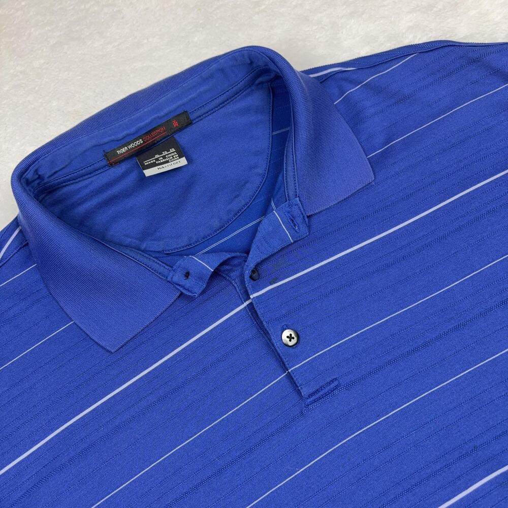 Tiger Woods Collection Polo Shirt Mens XL Blue Striped Moisture Wicking
